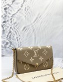 (UNUSED) MICROCHIP LOUIS VUITTON POCHETTE FELICIE IN TOURTERELLE GRAY WITH CREME MONOGRAM EMPREINTE LEATHER -FULL SET-