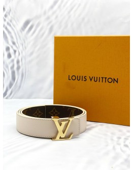 LOUIS VUITTON PRETTY LV 30MM REVERSIBLE BELT SIZE 80/32 IN IVORY GRAINED CALFSKIN LEATHER WITH BROWN MONOGRAM CANVAS