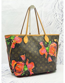 LOUIS VUITTON X STEPHEN SPROUSE LIMITED EDITION NEVERFULL MM TOTE SHOULDER BAG IN BROWN MONOGRAM CANVAS WITH ROSE PRINT