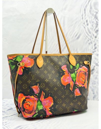 LOUIS VUITTON X STEPHEN SPROUSE LIMITED EDITION NEVERFULL MM TOTE SHOULDER BAG IN BROWN MONOGRAM CANVAS WITH ROSE PRINT