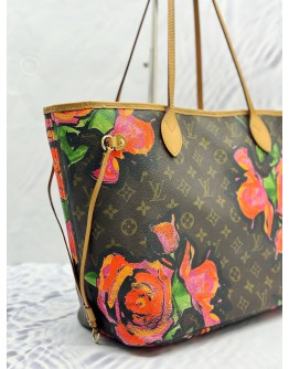 LOUIS VUITTON X STEPHEN SPROUSE LIMITED EDITION NEVERFULL MM TOTE SHOULDER BAG IN BROWN MONOGRAM CANVAS WITH ROSE PRINT