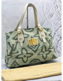 (LIKE NEW) LOUIS VUITTON CRUISE LINE TAHITIENNE PM SHOULDER BAG IN GREEN CANVAS WITH WHITE CALFSKIN LEATHER