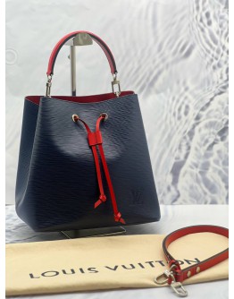 (LIKE NEW) LOUIS VUITTON NEONOE MM SHOULDER BAG IN BLUE EPI LEATHER WITH RED CALFSKIN LEATHER