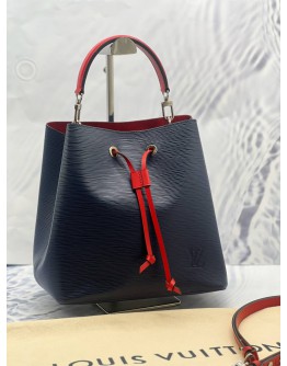 (LIKE NEW) LOUIS VUITTON NEONOE MM SHOULDER BAG IN BLUE EPI LEATHER WITH RED CALFSKIN LEATHER