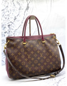 LOUIS VUITTON PALLAS TOP HANDLE AND SHOULDER BAG IN BROWN MONOGRAM CANVAS WITH BURGUNDY CALFSKIN LEATHER
