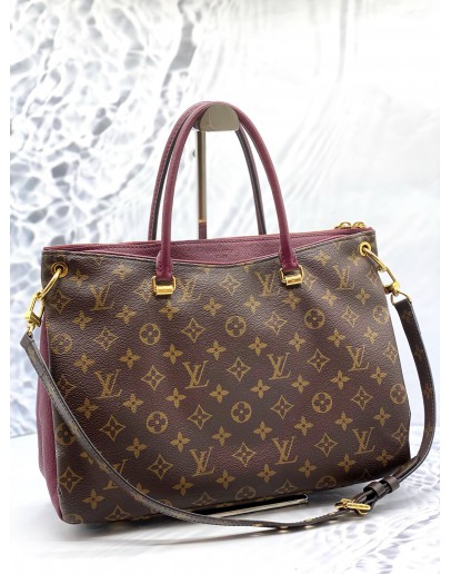 LOUIS VUITTON PALLAS TOP HANDLE AND SHOULDER BAG IN BROWN MONOGRAM CANVAS WITH BURGUNDY CALFSKIN LEATHER