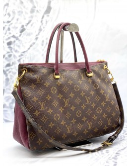 LOUIS VUITTON PALLAS TOP HANDLE AND SHOULDER BAG IN BROWN MONOGRAM CANVAS WITH BURGUNDY CALFSKIN LEATHER