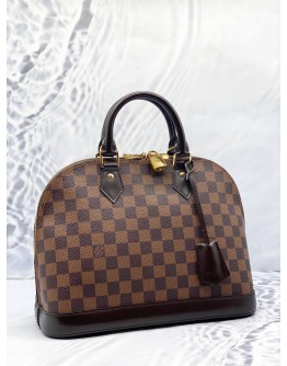 ﻿(LIKE NEW) LOUIS VUITTON ALMA MM TOP HANDLE BAG IN BROWN DAMIER EBENE CANVAS WITH CALFSKIN LEATHER