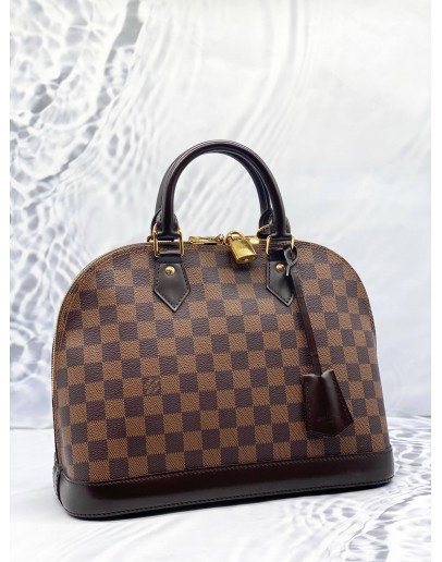 ﻿(LIKE NEW) LOUIS VUITTON ALMA MM TOP HANDLE BAG IN BROWN DAMIER EBENE CANVAS WITH CALFSKIN LEATHER