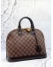 ﻿(LIKE NEW) LOUIS VUITTON ALMA MM TOP HANDLE BAG IN BROWN DAMIER EBENE CANVAS WITH CALFSKIN LEATHER