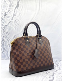 ﻿(LIKE NEW) LOUIS VUITTON ALMA MM TOP HANDLE BAG IN BROWN DAMIER EBENE CANVAS WITH CALFSKIN LEATHER