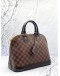 ﻿(LIKE NEW) LOUIS VUITTON ALMA MM TOP HANDLE BAG IN BROWN DAMIER EBENE CANVAS WITH CALFSKIN LEATHER