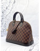 ﻿(LIKE NEW) LOUIS VUITTON ALMA MM TOP HANDLE BAG IN BROWN DAMIER EBENE CANVAS WITH CALFSKIN LEATHER