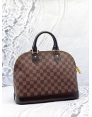 ﻿(LIKE NEW) LOUIS VUITTON ALMA MM TOP HANDLE BAG IN BROWN DAMIER EBENE CANVAS WITH CALFSKIN LEATHER