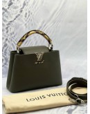(LIKE NEW) LOUIS VUITTON CAPUCINES BB TOP HANDLE BAG IN OLIVE GREEN TAURILLON WITH PYTHON LEATHER 