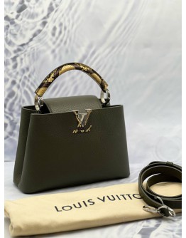 (LIKE NEW) LOUIS VUITTON CAPUCINES BB TOP HANDLE BAG IN OLIVE GREEN TAURILLON WITH PYTHON LEATHER 