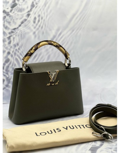 (LIKE NEW) LOUIS VUITTON CAPUCINES BB TOP HANDLE BAG IN OLIVE GREEN TAURILLON WITH PYTHON LEATHER 