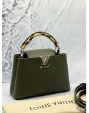 (LIKE NEW) LOUIS VUITTON CAPUCINES BB TOP HANDLE BAG IN OLIVE GREEN TAURILLON WITH PYTHON LEATHER 