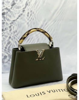 (LIKE NEW) LOUIS VUITTON CAPUCINES BB TOP HANDLE BAG IN OLIVE GREEN TAURILLON WITH PYTHON LEATHER 
