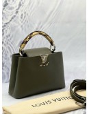 (LIKE NEW) LOUIS VUITTON CAPUCINES BB TOP HANDLE BAG IN OLIVE GREEN TAURILLON WITH PYTHON LEATHER 