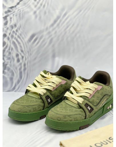 LOUIS VUITTON TYLER THE CREATOR X TRAINER LOW SNEAKERS SIZE 7.5 IN GREEN NUBUCK CALFSKIN LEATHER