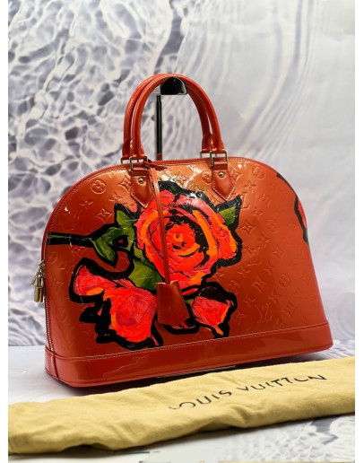 (LIKE NEW) LOUIS VUITTON LIMITED EDITION STEPHEN SPROUSE ROSES ALMA GM BAG IN RED MONOGRAM VERNIS LEATHER