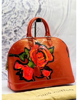 (LIKE NEW) LOUIS VUITTON LIMITED EDITION STEPHEN SPROUSE ROSES ALMA GM BAG IN RED MONOGRAM VERNIS LEATHER