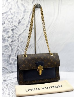 LOUIS VUITTON VICTOIRE SHOULDER BAG IN BROWN MONOGRAM CANVAS WITH DARK BLUE CALFSKIN LEATHER