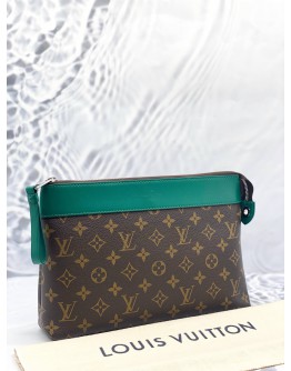 LOUIS VUITTON POCHETTE VOYAGE SOUPLE IN MONOGRAM MACASSAR CANVAS WITH BORNEO GREEN CALFSKIN LEATHER -FULL SET-