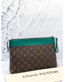 LOUIS VUITTON POCHETTE VOYAGE SOUPLE IN MONOGRAM MACASSAR CANVAS WITH BORNEO GREEN CALFSKIN LEATHER -FULL SET-