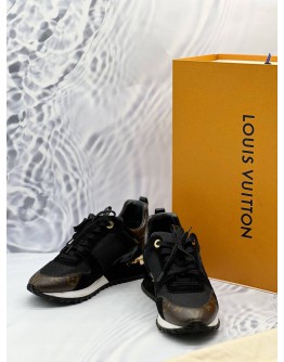 (LIKE NEW) LOUIS VUITTON RUN AWAY SNEAKERS SIZE 35.5 IN BLACK SUEDE AND TECHNICAL FABRIC WITH BROWN MONOGRAM CANVAS -FULL SET- 