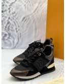 (LIKE NEW) LOUIS VUITTON RUN AWAY SNEAKERS SIZE 35.5 IN BLACK SUEDE AND TECHNICAL FABRIC WITH BROWN MONOGRAM CANVAS -FULL SET- 