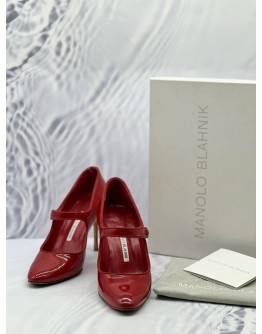 MANOLO BLAHNIK CAMPARI MARY JANE PUMPS SIZE 38 IN RED PATENT LEATHER -FULL SET- 
