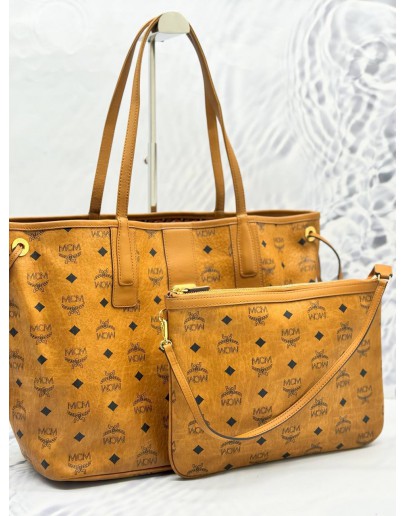 MCM REVERSIBLE LIZ SHOPPER TOTE SHOULDER BAG IN COGNAC VISETOS WITH CALFSKIN LEATHER