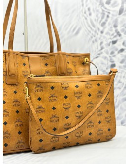 MCM REVERSIBLE LIZ SHOPPER TOTE SHOULDER BAG IN COGNAC VISETOS WITH CALFSKIN LEATHER