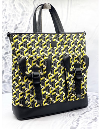 (LIKE NEW) MCM CUBIC LOGO LARGE TOTE BAG IN MULTICOLOR NYLON WITH CALFSKIN LEATHER