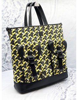 (LIKE NEW) MCM CUBIC LOGO LARGE TOTE BAG IN MULTICOLOR NYLON WITH CALFSKIN LEATHER