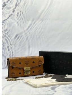 MCM TRACY WALLET ON CHAIN IN BROWN VISETOS LEATHER -FULL SET-