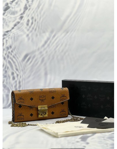 MCM TRACY WALLET ON CHAIN IN BROWN VISETOS LEATHER -FULL SET-