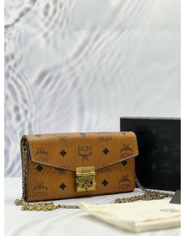MCM TRACY WALLET ON CHAIN IN BROWN VISETOS LEATHER -FULL SET-