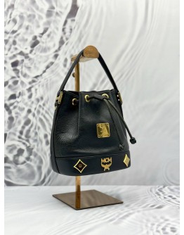 MCM MINI DRAWSTRING BUCKET HANDLE BAG IN BLACK LEATHER