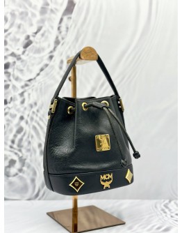MCM MINI DRAWSTRING BUCKET HANDLE BAG IN BLACK LEATHER