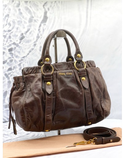 MIU MIU VITELLO TOP HANDLE WITH SHOULDER STRAP IN DARK BROWN LEATHER