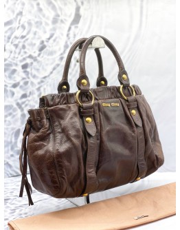 MIU MIU VITELLO TOP HANDLE WITH SHOULDER STRAP IN DARK BROWN LEATHER