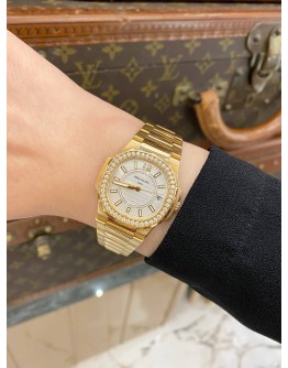 (UNUSED) 2012 PATEK PHILIPPE NAUTILUS 18K ROSE GOLD FACTORY DIAMOND REF 7010/1R-001 WHITE DIAL 32MM QUARTZ WATCH -FULL SET-