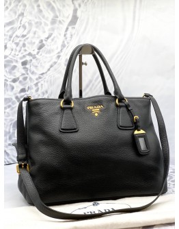 PRADA TOTE TOP HANDLE AND SHOULDER BAG IN BLACK VITELLO DAINO LEATHER