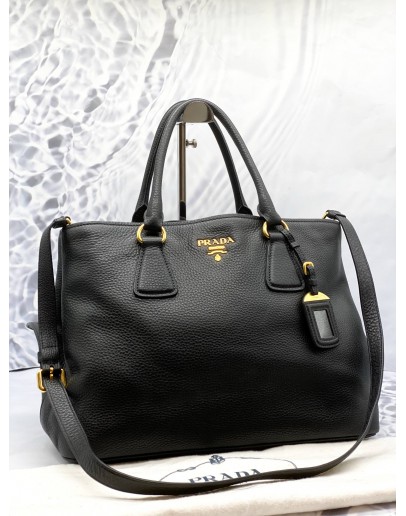PRADA TOTE TOP HANDLE AND SHOULDER BAG IN BLACK VITELLO DAINO LEATHER