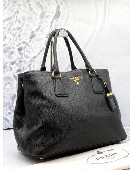 PRADA TOTE TOP HANDLE AND SHOULDER BAG IN BLACK VITELLO DAINO LEATHER