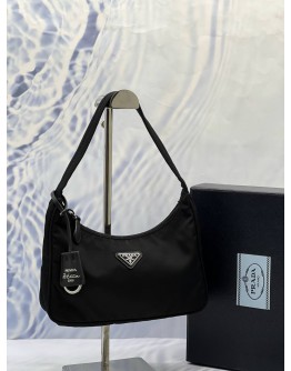 (LIKE NEW) PRADA RE-EDITION SHOULDER BAG IN BLACK TESSUTO WITH SAFFIANO LEATHER -FULL SET-