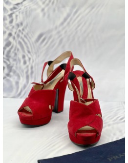 (LIKE NEW) PRADA PLATFORM SANDALS SIZE 38.5 IN RED SUEDE LEATHER